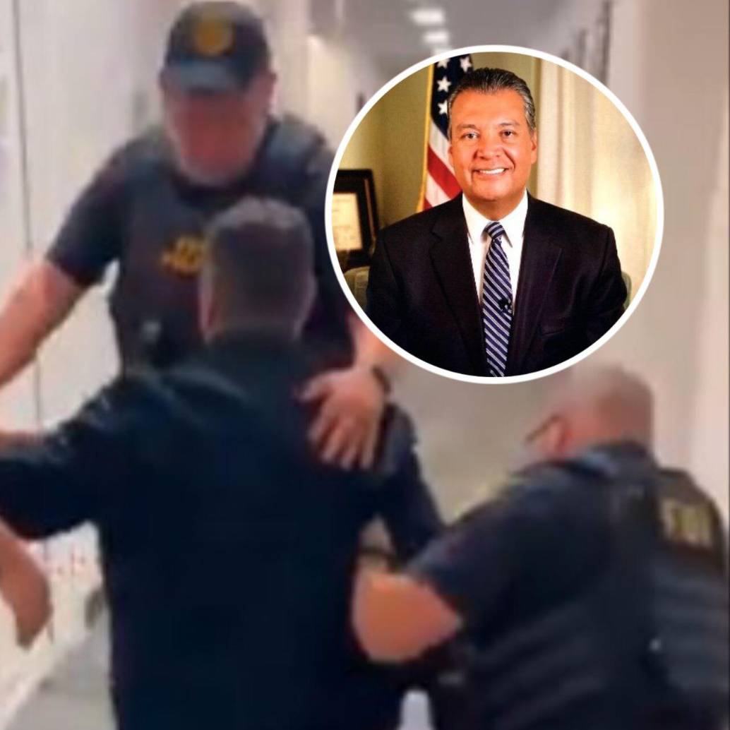 El senador fue expulsado de la conferencia que estaba dando Kristi Noem, secretaria de Seguridad de Estados Unidos. A las afueras del recinto fue tirado al suelo y esposado por agentes del FBI. FOTO: Tomada de redes sociales