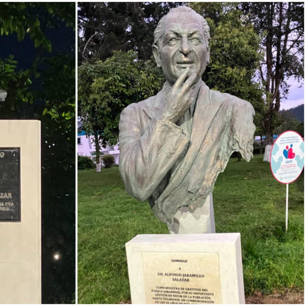 El hospital regional en Líbano, Tolima, que tiene por nombre el del padre del Ministro de Salud (Alfonso Jaramillo Salazar), inauguró un busto o monumento en su honor hace tres meses. Este es el segundo busto en Líbano. FOTO: Cortesía