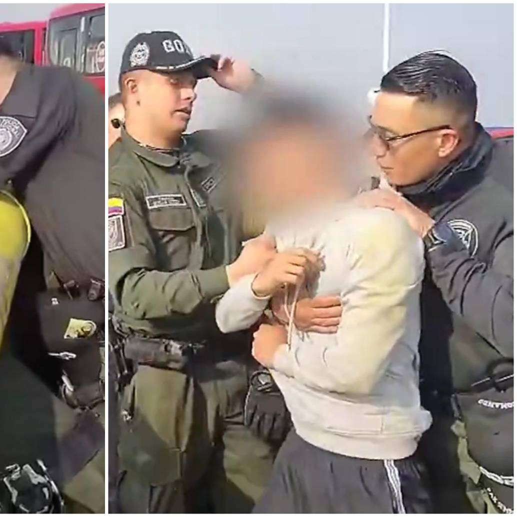 Secuencia de cómo los policías le salvaron la vida al joven antes de que se tirara del puente de la calle sexta con carrera 30, en el corazón de Bogotá. FOTO: Captura video de redes sociales @PoliciaBogota