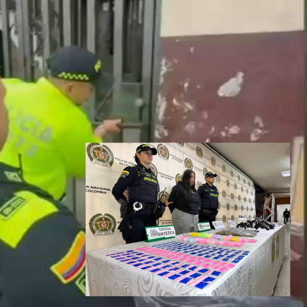 Adelante, la mujer detenida junto al material incautado. Atrás, agentes de Policía durante el operativo. FOTO: Cortesía