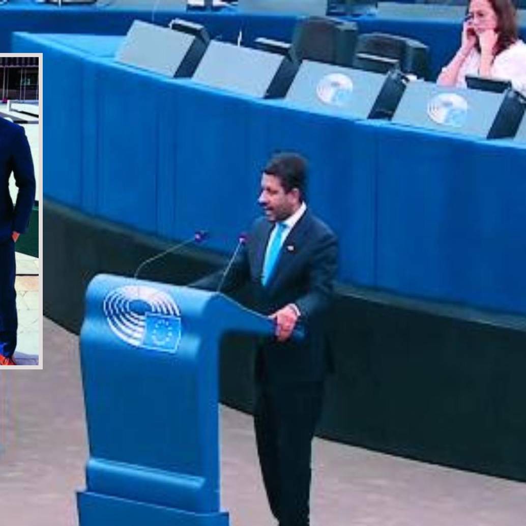 Adelante, el eurodiputado Álvaro Sebastian Kruis en una visita a Medellín. Atrás, durante una asamblea en Bruselas. FOTO: cortesía e imagen tomada de redes