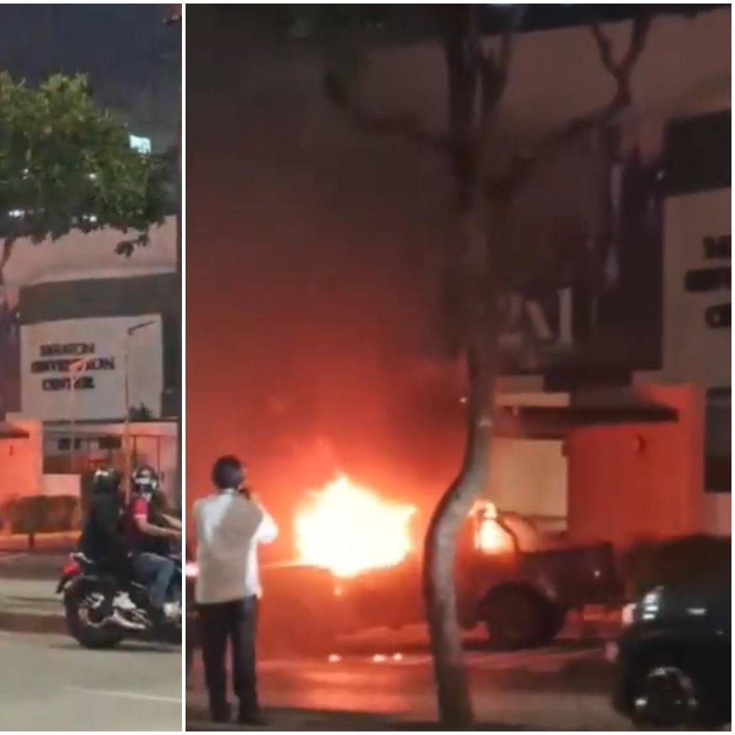 El pasado 26 de septiembre otro automóvil fue detonado en los exteriores de la Cárcel Regional de Guayaquil, aunque esa vez no hubo heridos ni muertos. FOTO: Captura video redes sociales @EmergenciasEc