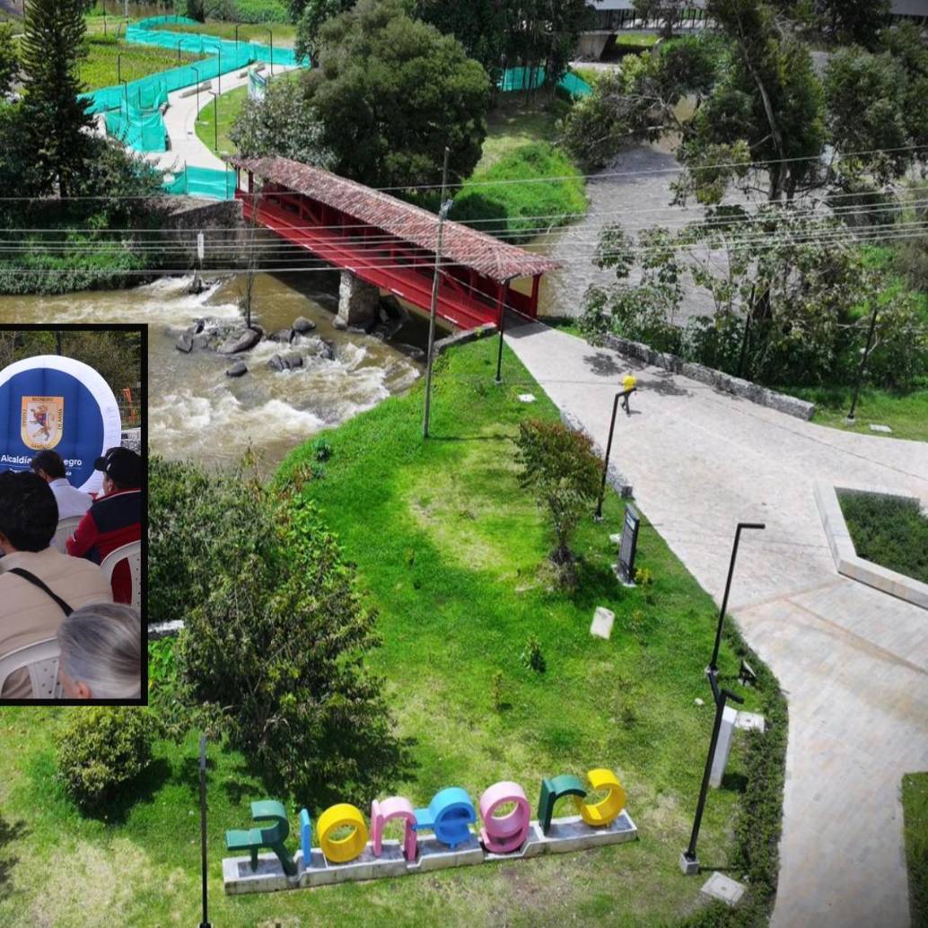 Adelante, el alcalde de Rionegro entregando el espacio. Atrás, panorámica del nuevo parque. FOTO: Cortesía Alcaldía.