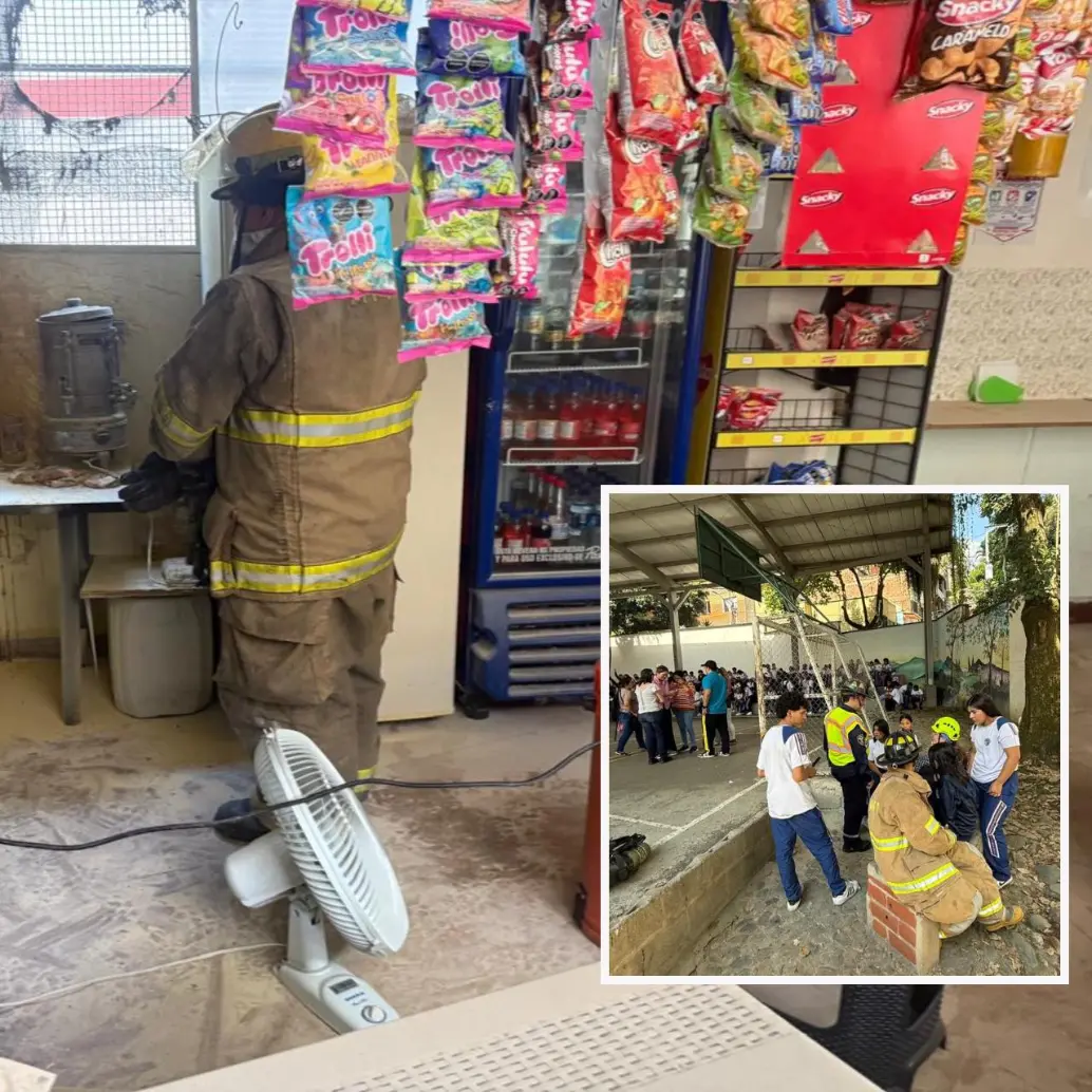 Adelante, bomberos atendiendo algunos de los afectados. Atrás, el sitio donde se presentó la emergencia. FOTO: Cortesía