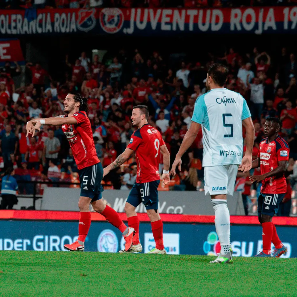 Joaquín Varela celebrando un gol ante Millonarios en 2023. FOTO: <b>X Dim oficial</b>
