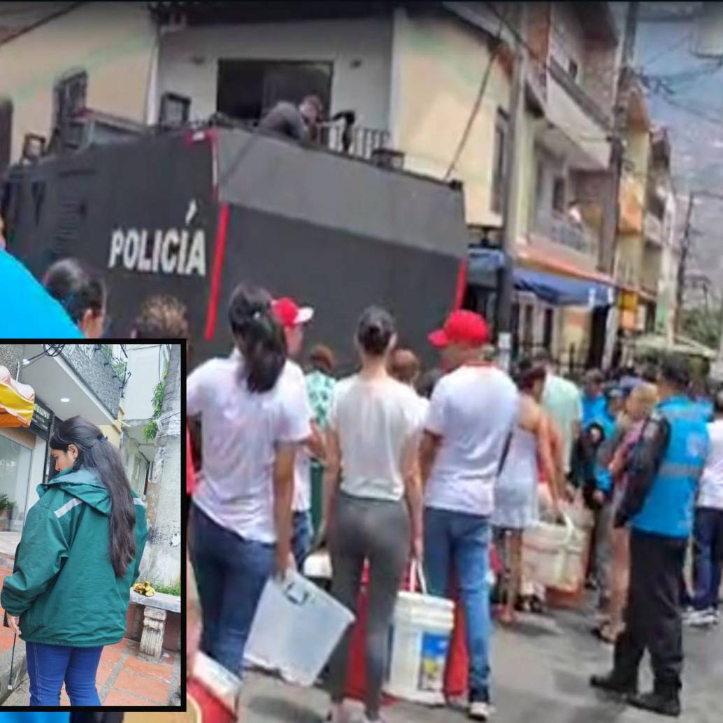 Adelante, funcionarios de EPM habilitando hidrantes para brindarle agua a la gente. Atrás, una tanqueta de la Policía realiza entrega de agua a habitantes del Aburrá. FOTOS: Cortesía EPM y Policía Metropolitana