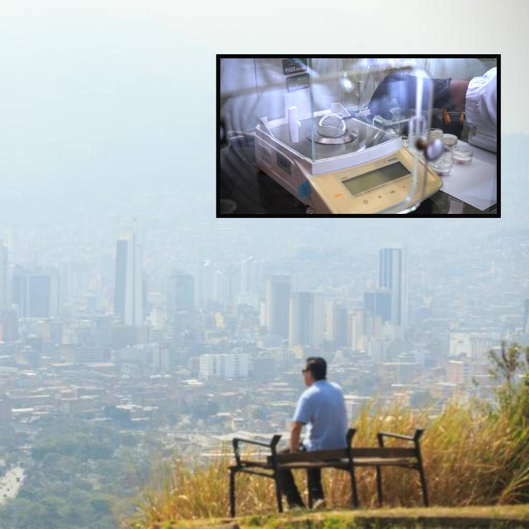 Adelante, uno de los análisis hecho por los investigadores. Atrás, vista desde el cerro El Volador donde se evidencia la contaminación del aire en Medellín. FOTOS: Andrés Camilo Suárez Echeverry y cortesía