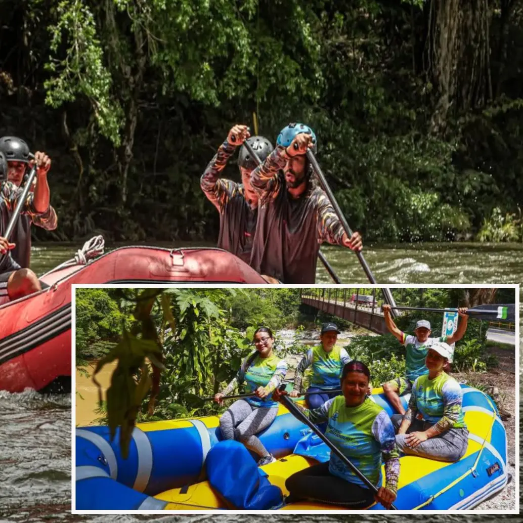 Adelante, el equipo femenino de Rafting cerca del río Samaná. Atrás, miembros del equipo masculino Foto: Manuel Saldarriaga Quintero e imagen tomada de redes.