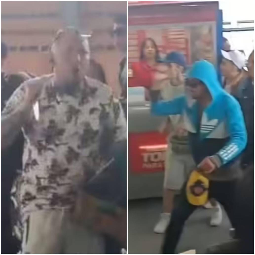 Momento en que unos sujetos, al otro lado de los torniquetes de la estación Portal 20 de Julio de TransMilenio, portan armas blancas para atacar a los de seguridad. FOTO: Captura video de redes sociales @ColombiaOscura