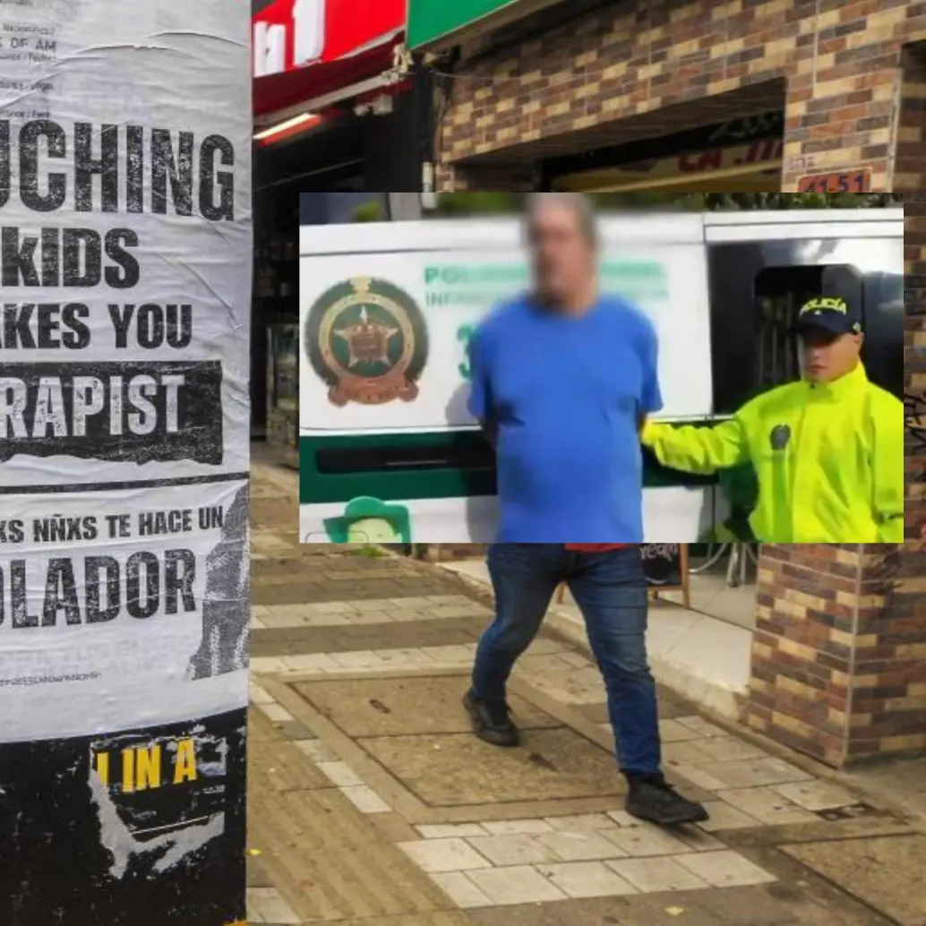 Adelante, un cartel en contra de la explotación sexual infantil por parte de turistas. Atrás, el detenido por la Policía. Foto: Andrés Camilo Suárez Echeverry e imagen tomada de redes.