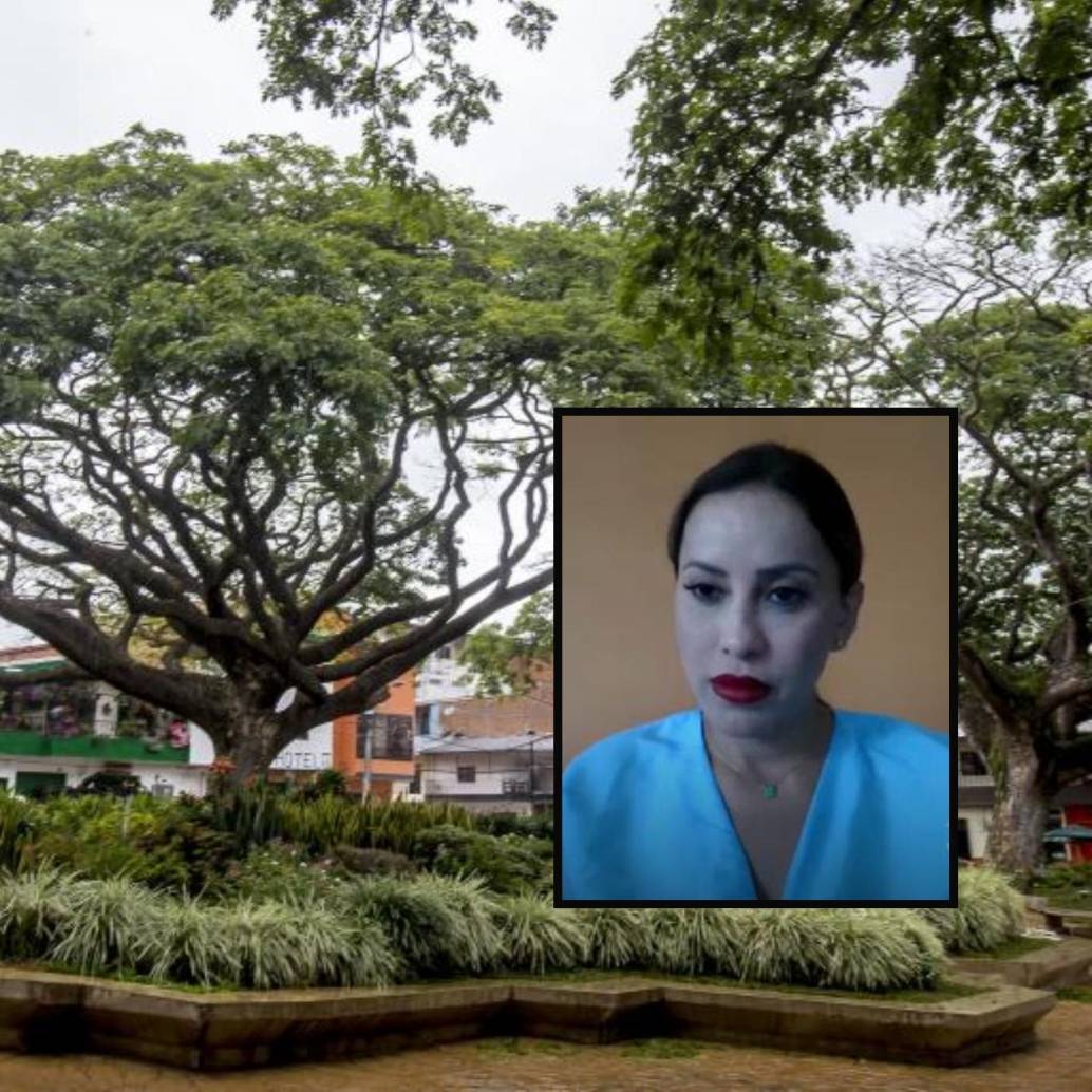 Adelante, la exalcaldesa de Hispania durante la audiencia. Atrás, parque del municipio de Hispania. Foto: Juan Antonio Sánchez Ocampo e imagen tomada de redes.