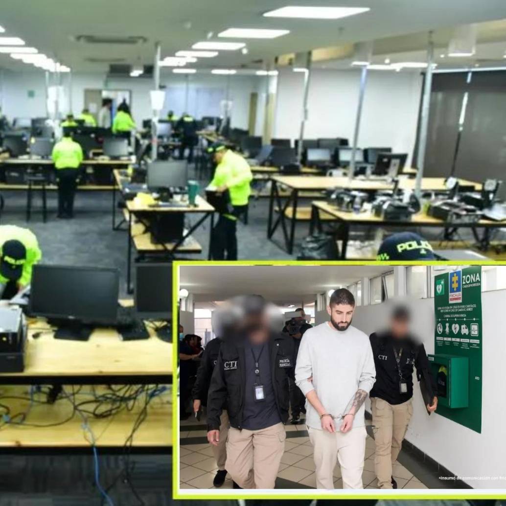 Adelante, uno de los que según las autoridades sería un lavador de activos por medio de criptomonedas para bandas criminales, capturado en Medellín. Atrás, operativo contra la estafa en moneda electrónica realizado también en la capital antioqueña. FOTO: Cortesía