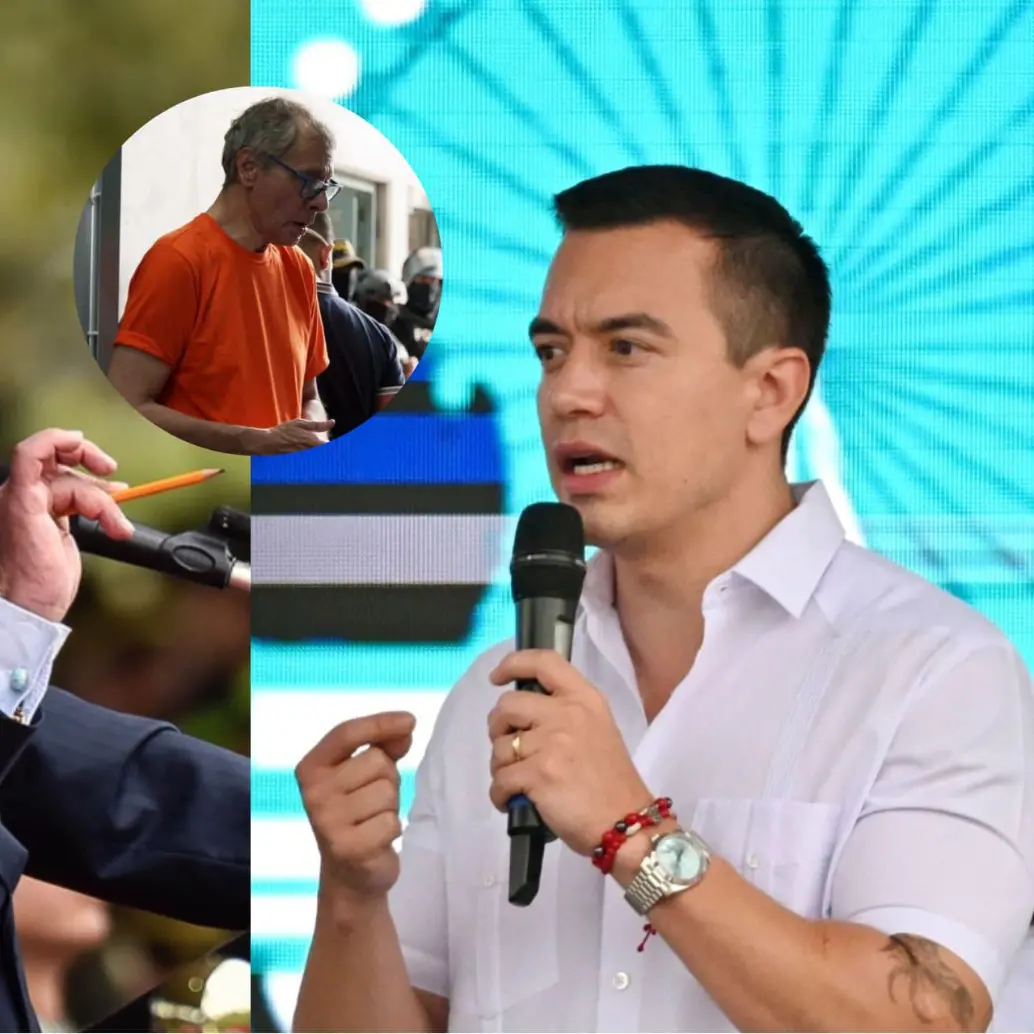 A la izquierda, el presidente de Colombia, Gustavo Petro; a la derecha, el presidente de Ecuador, Daniel Noboa; en el centro, Jorge Glas, exvicepresidente de Ecuador. FOTOS: COLPRENSA, AFP Y REDES SOCIALES/X DE DANIEL NOBOA