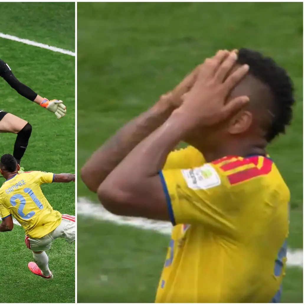 Un despeje fallido de la zaga europea dejó a Jáminton Campaz con el balón dominado y el arco a su merced, pero el atacante erró un increíble remate por encima del travesaño. FOTO: Getty y captura de video de redes sociales @DSports