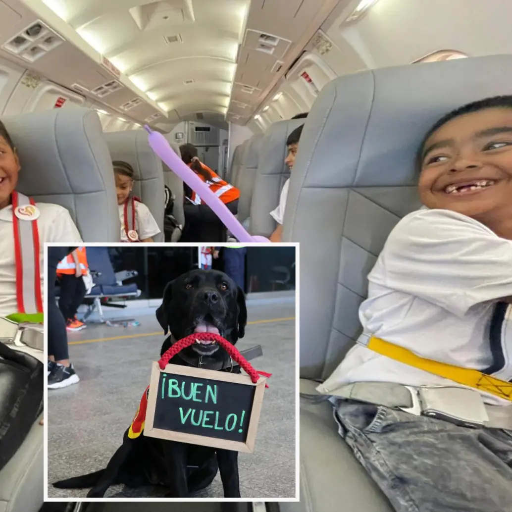 Atrás, algunos de los niños durante su primer vuelo en avión. Adelante, uno de los caninos del aeropuerto de Medellín. Dándoles la bienvenida. FOTO: Cortesía