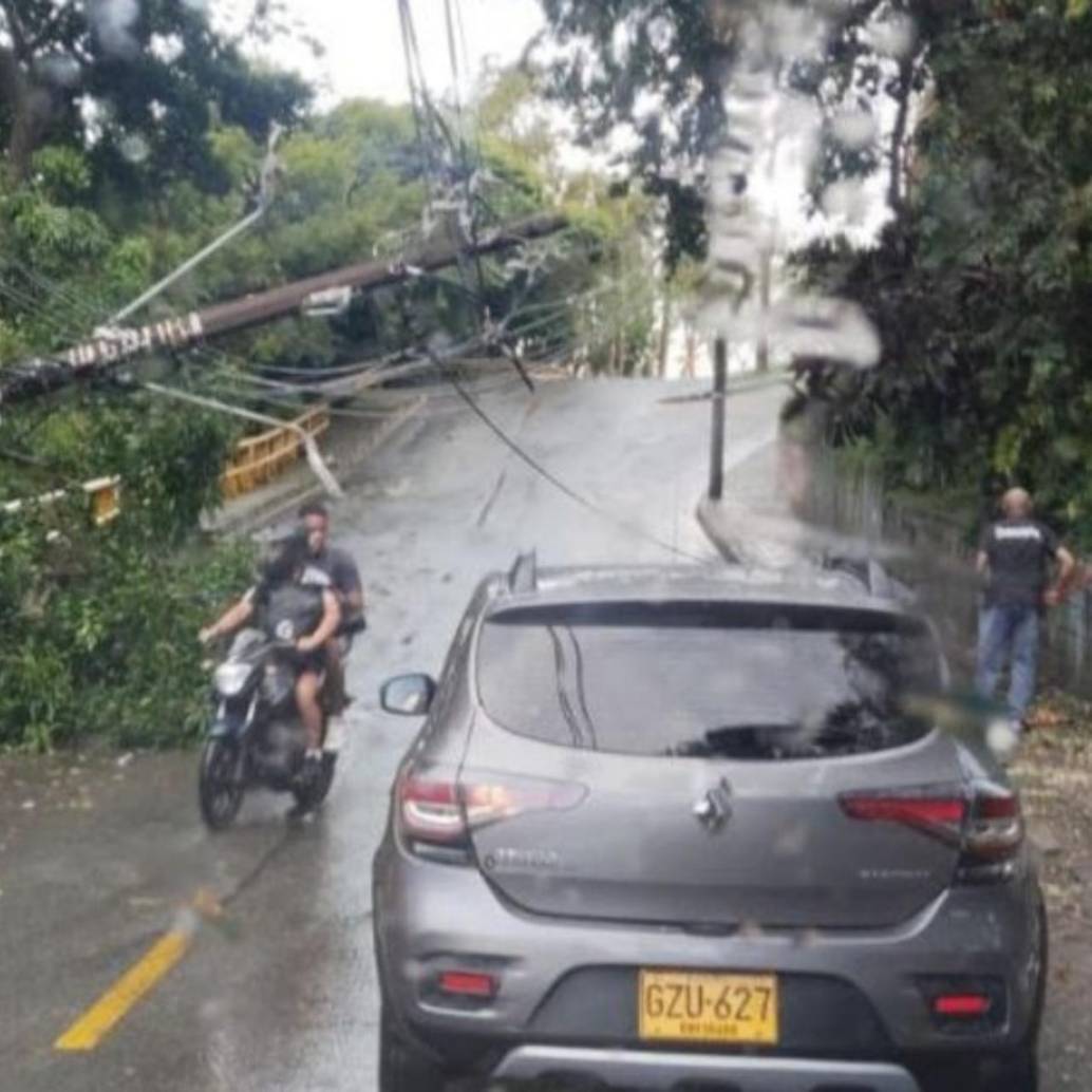 Así quedó uno de los postes de la zona de Guayabal tras la caída de varios árboles sobre él. FOTO: Cortesía Denuncias Antioquia