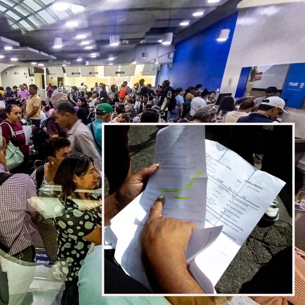 Adelante, una usuaria muestra su autorización de medicinas ad portas de vencerse por falta de entrega de medicamentos. Atrás, usuarios de la Nueva EPS en su sede de la Avenida ORiental. FOTO: Julio Herrera