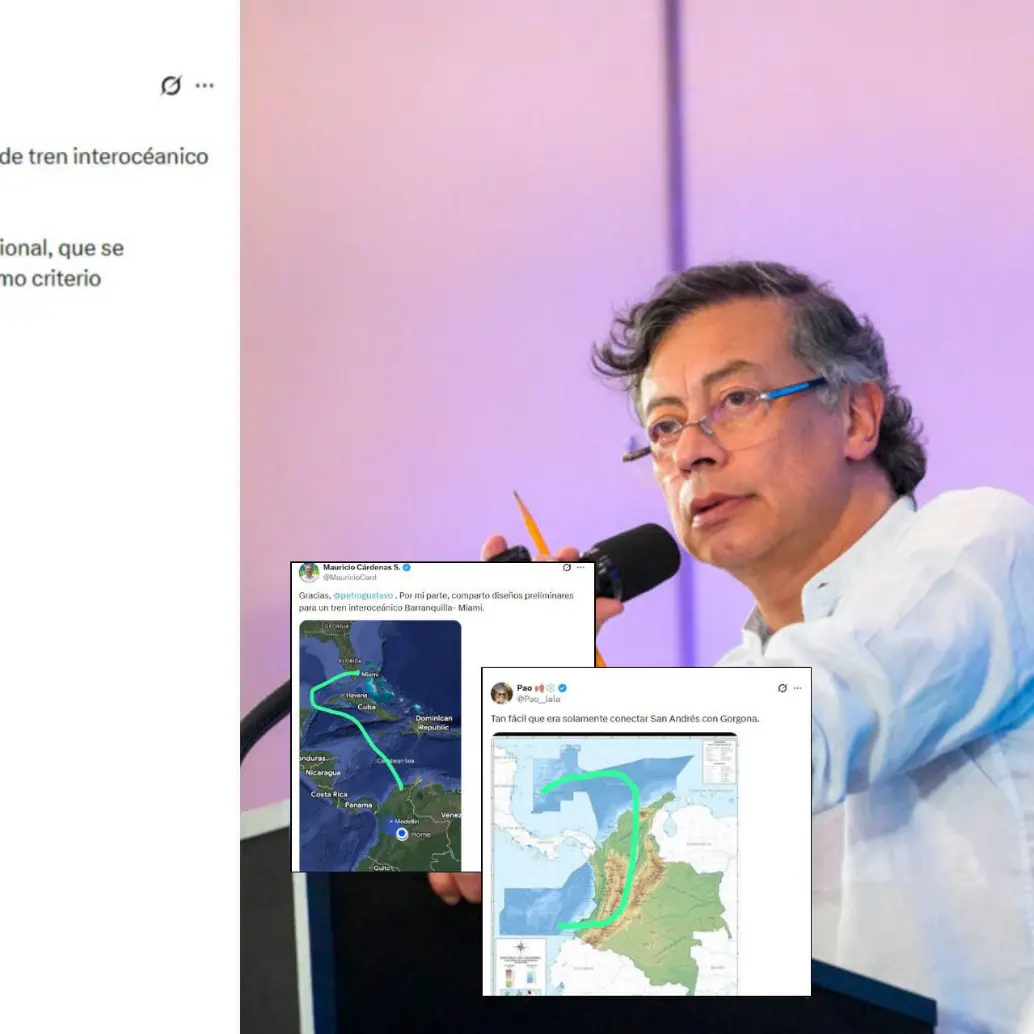 Una publicación del presidente Gustavo Petro mostrando una simple línea como estudios de un tren interoceánico ha generado críticas en las redes. Fotos: Colprensa y capturas de X. 
