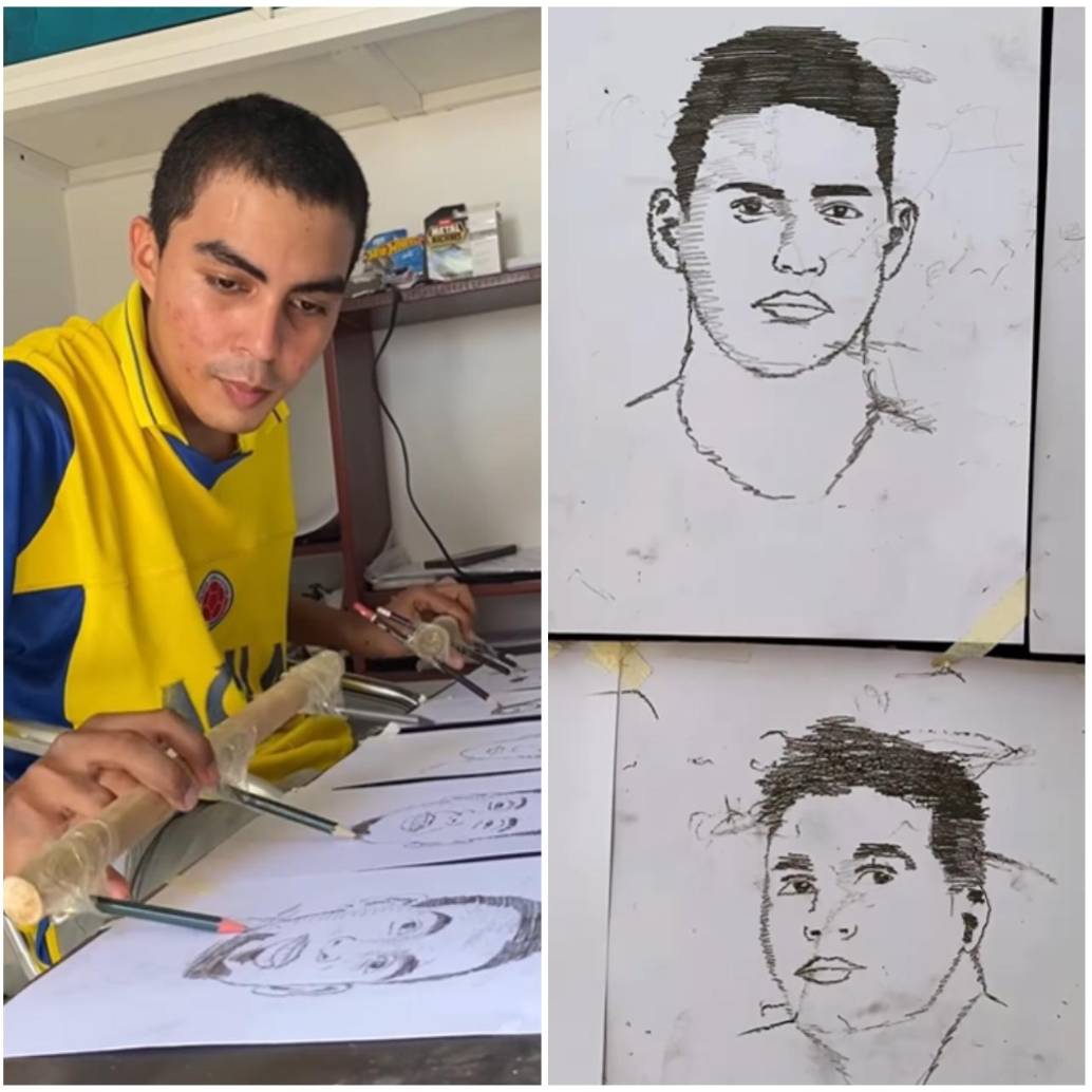 El joven cartagenero dibujó al mismo tiempo los rostros de los doce integrantes del combinado nacional tras la caída por penales ante Suiza. FOTO: Captura de video de redes sociales @javy_arts