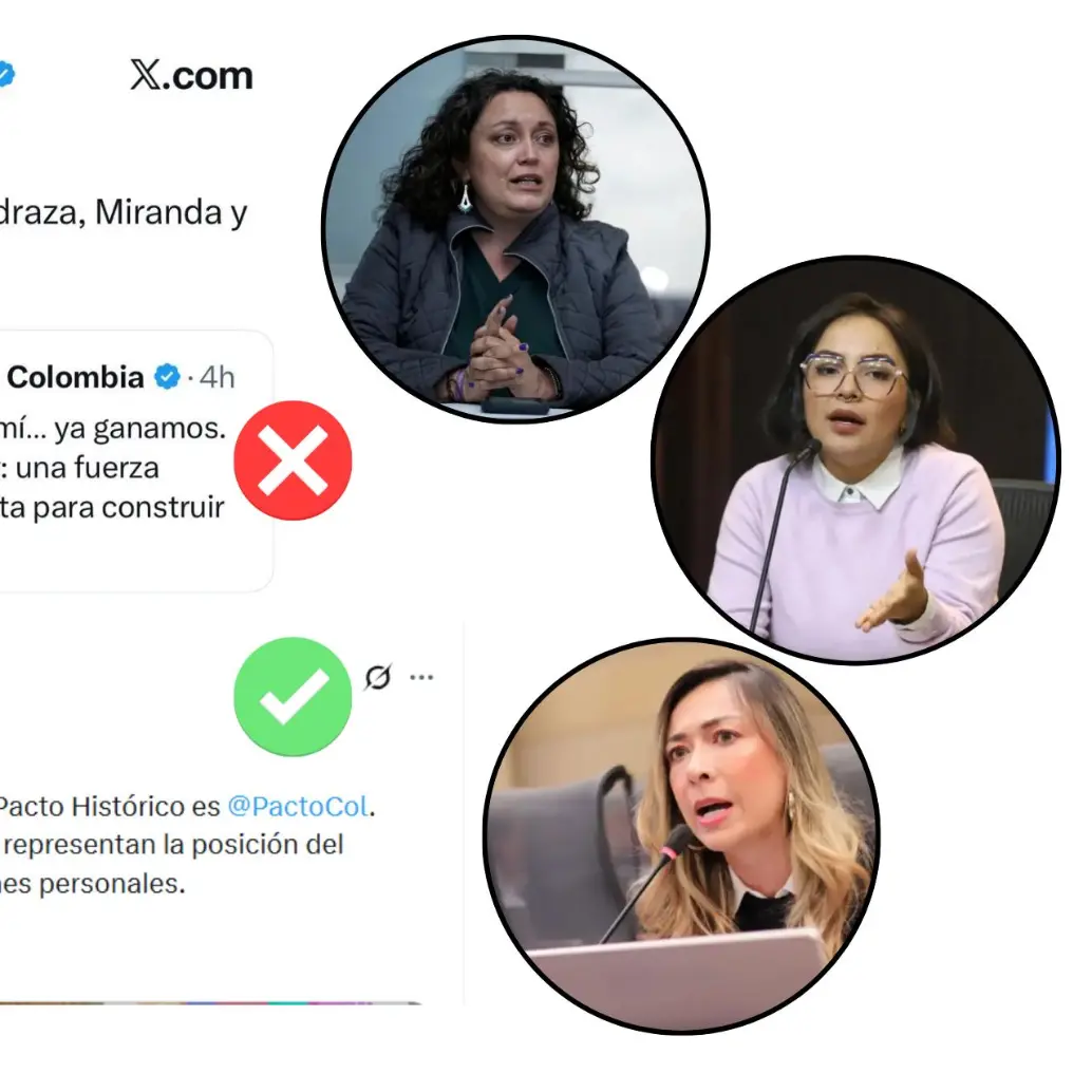 Desde la cuenta falsa atacaron a las candidatas Pedraza, Miranda y Lozano. El Pacto rechazó el mensaje. FOTOS: CAPTURA DE PANTALLA Y COLPRENSA.