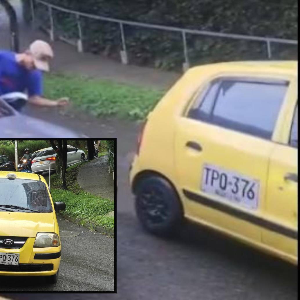 Adelante, el vehículo del taxista que fue captado haciendo los daños. Atrás, el momento de la agresión. FOTO: Cortesía Denuncias Antioquia