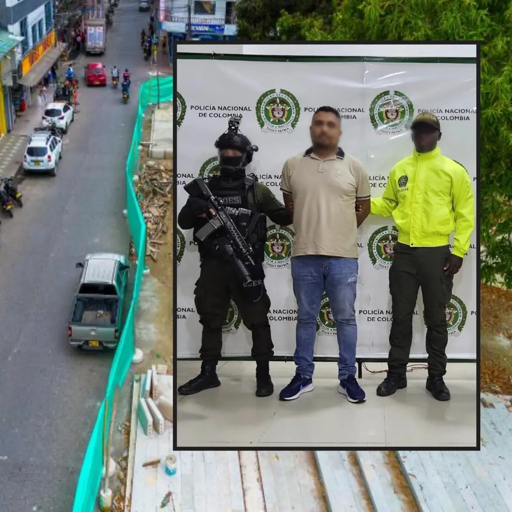Adelante, una de las calles del municipio de Apartadó, donde se dio la captura. Atrás, el señalado jefe financiero. FOTO: Andrés Camilo Suárez Echeverry y Cortesía Policía Urabá