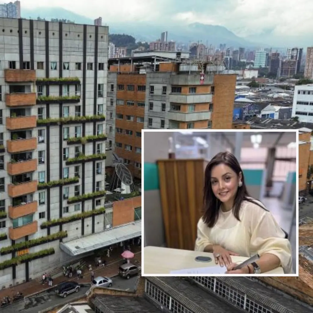 Adelante, la saliente gerente María del Pilar Duque. Atrás, fachada del Hospital General de Medellín. Foto: Manuel Saldarriaga Quintero.