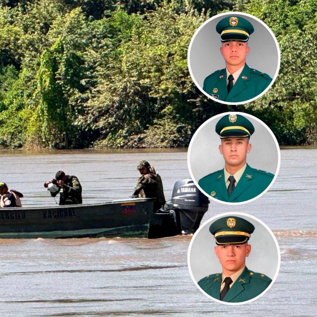 El accidente en el que los tres subintendentes naufragaron en el río Magdalena ocurrió en la tarde del lunes, 14 de julio. Un día después fueron hallados muertos. FOTOS: Tomadas de X @COL_EJERCITO 