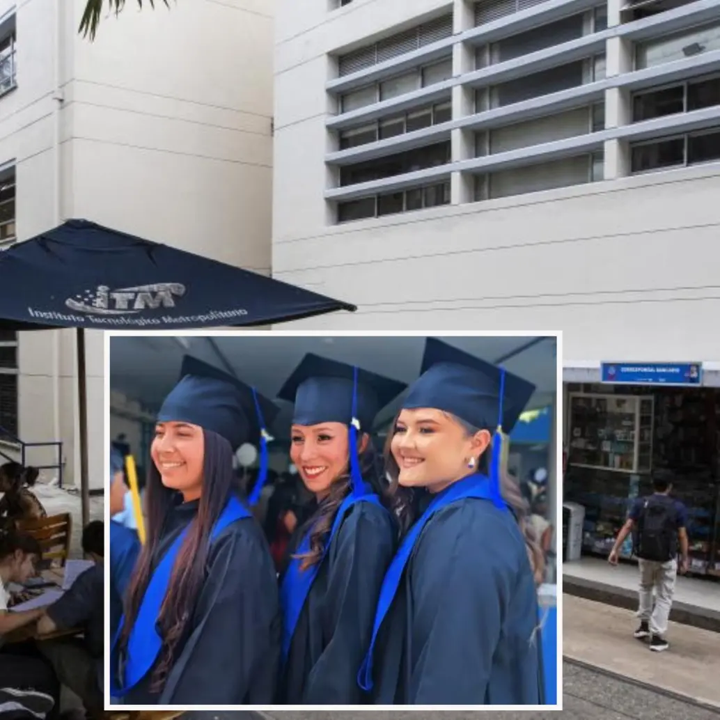 Adelante, las tres graduadas del municipio de Tarso. Atrás, campus del ITM. Foto: Julio César Herrera Echeverri