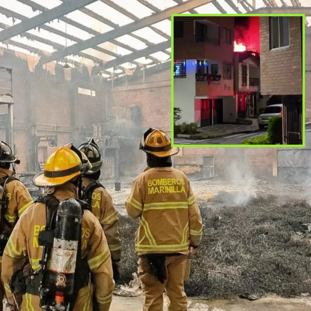 Adelante, el incendio del barrio Alcalá de Envigado. Atrás, bomberos de Marinilla atendiendo la emergencia. FOTO: imágenes tomadas de redes.