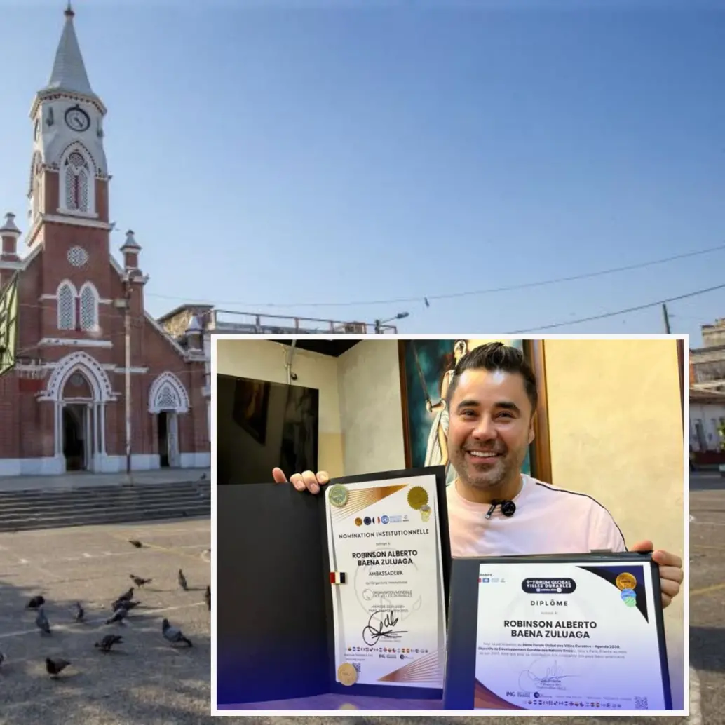 Adelante, alcalde de Puerto Berrío con exaltaciones hechas en 2025. Atrás, panorámica del municipio de Puerto Berrío. Foto: Juan Antonio Sánchez Ocampo e imagen tomada de redes.