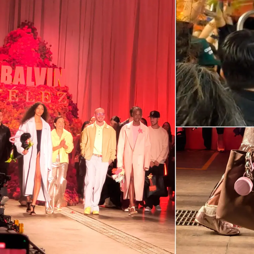 J Balvin en la pasarela con las modelos Nazarit Machín (a la izquierda) y Valentina Castro (a la derecha). Al lado su regreso en el metro y abajo los accesorios que se presentaron en esta colección. FOTOS Claudia Arango H y captura de pantalla. 