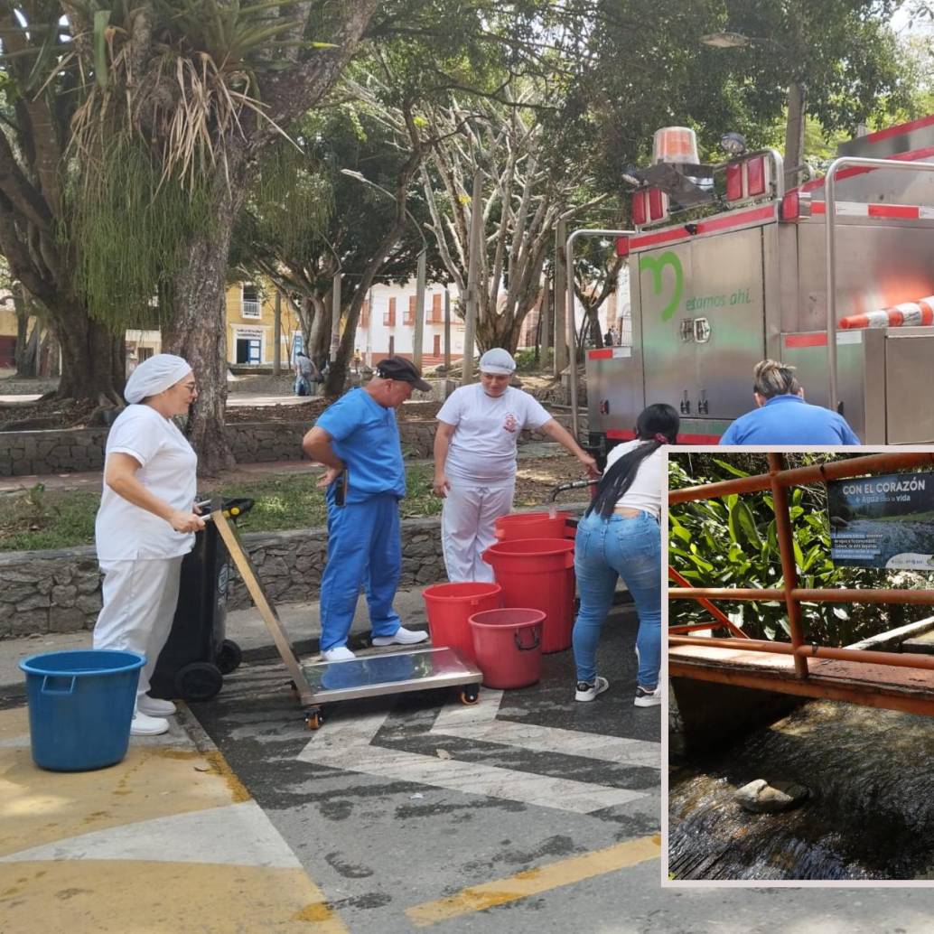 Atrás, comunidad de Barbosa surtiéndose de agua de un carrotanque de EPM. Adelante, una de las bocatomas del acueducto local que está reducida por la ola de calor. FOTO: Jaime Pérez y Guillermo Naranjo