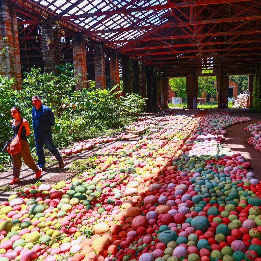 El artista botánico japonés Azuma Makoto creó una instalación floral monumental con más de 2,500 bromelias en la iglesia de El Retiro, Antioquia, para la Bienal Internacional de Arte de Antioquia y Medellín (BIAM). Foto: Camilo Suárez