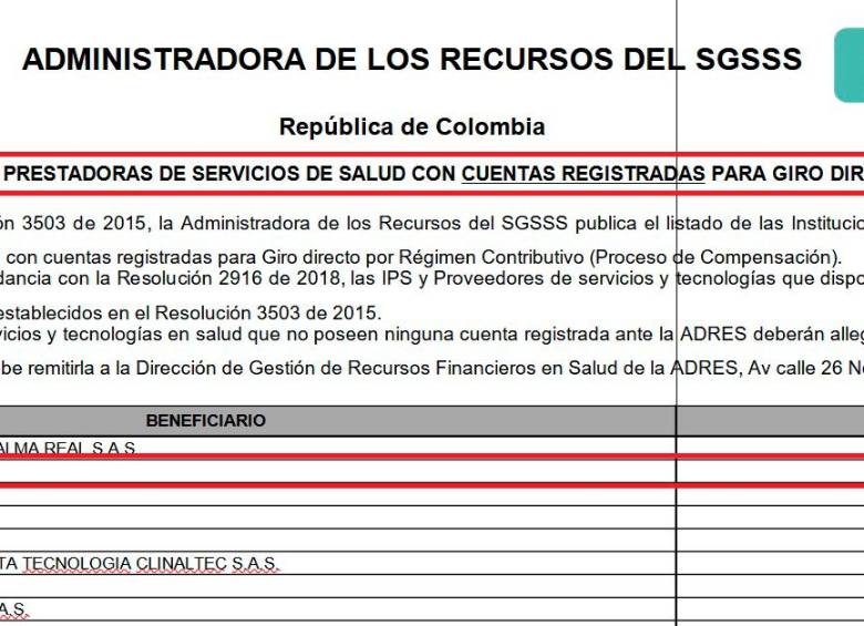 Reporte de la Adres sobre el giro directo a la Clínica Centenario.