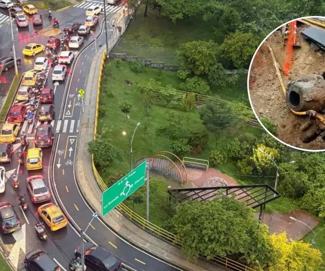 Así se encuentra la congestión vehicular en este corredor vial. El daño en el alcantarillado de EPM está siendo atendido por las autoridades. FOTO: Cortesía Denuncias Antioquia