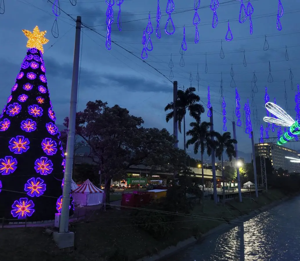 Una de las sorpresas más esperadas de la noche fue el árbol navideño de 25 metros, decorado con orquídeas y ambientado con imágenes proyectadas. FOTO: Cortesía EPM