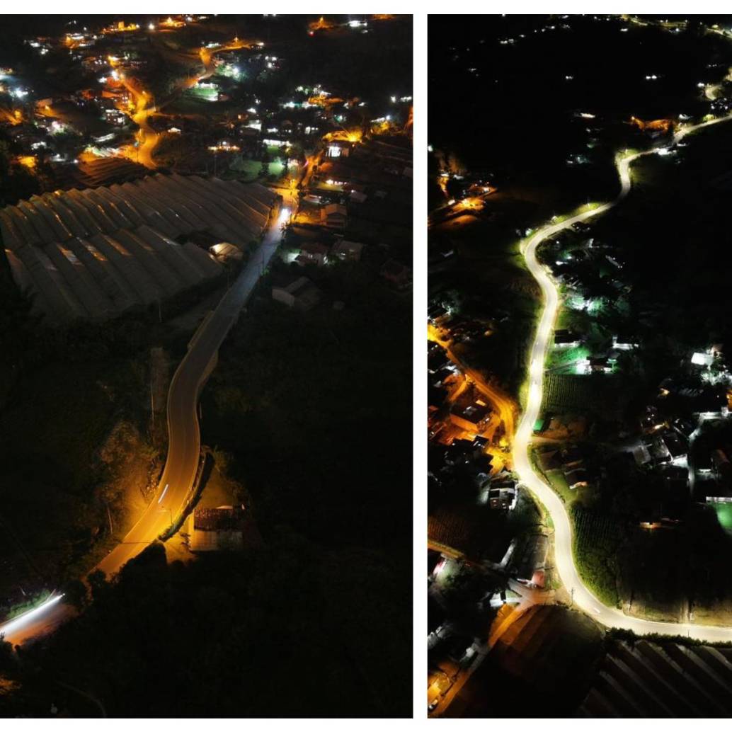 El antes y el después de uno de los tramos, tras ser iluminado con luces LED. FOTO: Cortesía Gobernación