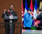 A la izquierda el presidente chileno Gabriel Boric; a la derecha el mandatario nicaragüense Daniel Ortega y el embajador de Colombia en ese país, León Fredy Muñoz. FOTO EFE Y CORTESÍA