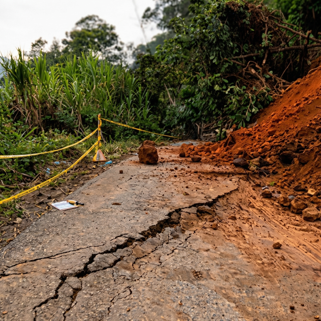 La falla geológica en la vía Concordia - Betulia se presentó en el sector Majagual. FOTO: Cortesía Gobernación de Antioquia. Imagen procesada con IA.
