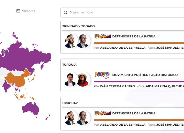Resultados del voto en el exterior: naranja (Abelardo de la Espriella) y morado (Iván Cepeda). Foto: Captura de pantalla Registraduría Nacional del Estado Civil.