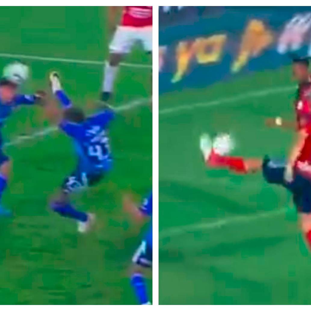 En las imágenes se observan jugadas similares: ambas vienen de un rebote del mismo jugador y pegan en la mano. Una fue penalti y la otra no. FOTO PANTALLAZOS TOMADOS DE LA TRANSMISIÓN DE WIN SPORTS