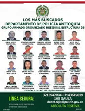 Este es el cartel de los más buscados del frente 36 de las disidencias de las extintas Farc en Antioquia. FOTO Cortesía Policía Antioquia