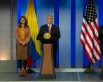 El anuncio de este acuerdo binacional y diplomático para ayudar a la población afgana lo hicieron el presidente Iván Duque, la vicepresidenta y canciller, Marta Lucía Ramírez, y el embajador de los Estados Unidos en Colombia, Philip Goldberg. FOTO CORTESÍA