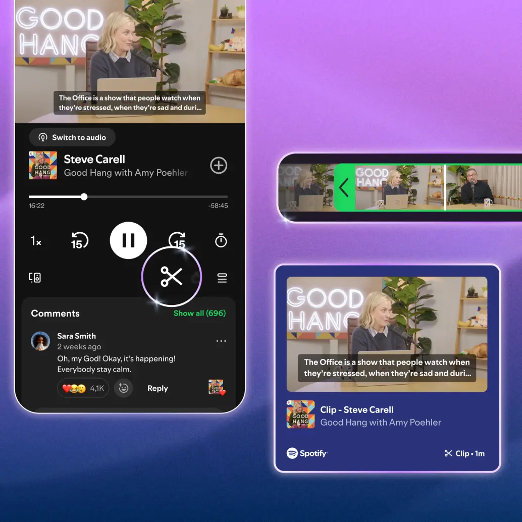Interfaz de Spotify en dispositivo móvil; la plataforma lanzó Clips, una función que permite recortar y compartir momentos específicos de episodios de pódcast. FOTO cortesía