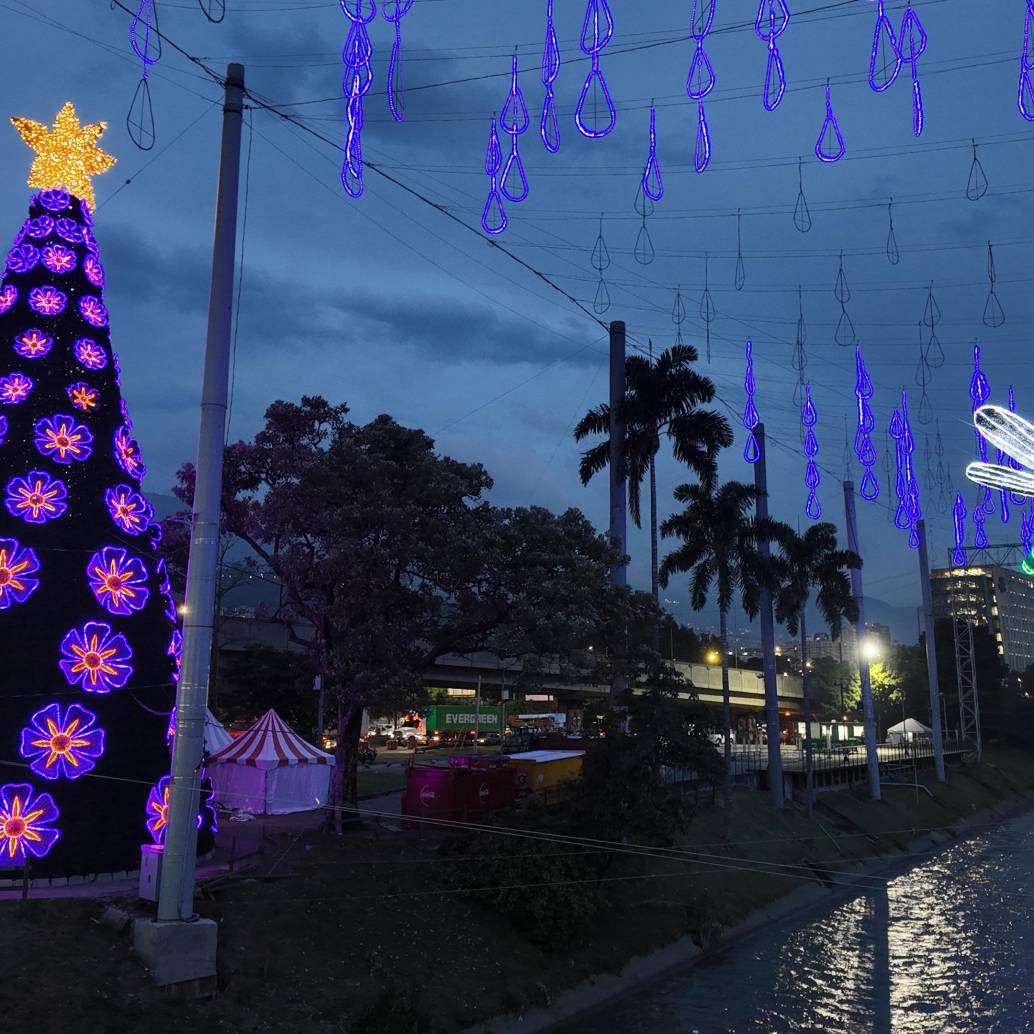 El árbol de Navidad, ubicado en inmediaciones de Parques del Río, decorado con 90 flores luminosas en su exterior. FOTO Cortesía EPM.