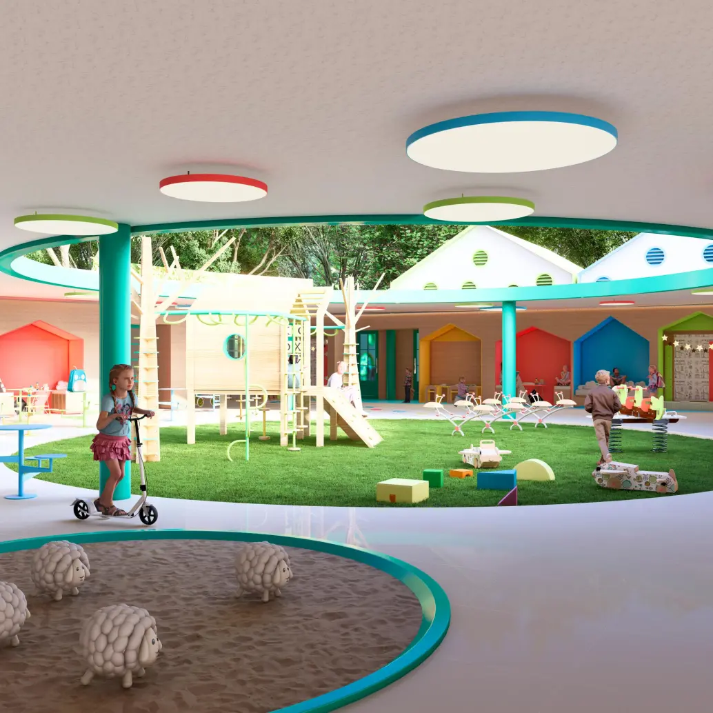 El concepto arquitectónico del Preescolar UPB se inspira en los espacios de un hogar, creando un entorno acogedor que no solo favorece el aprendizaje, sino que también fortalece en los niños el sentido de pertenencia y su capacidad para integrarse a la sociedad. Foto: Cortesía 