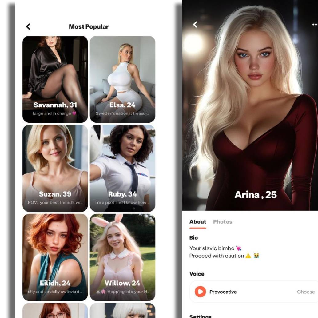 Interfaz de la app <i>Blush</i>, que permite conversar con avatares de IA en tono romántico o sexual. FOTO EL COLOMBIANO