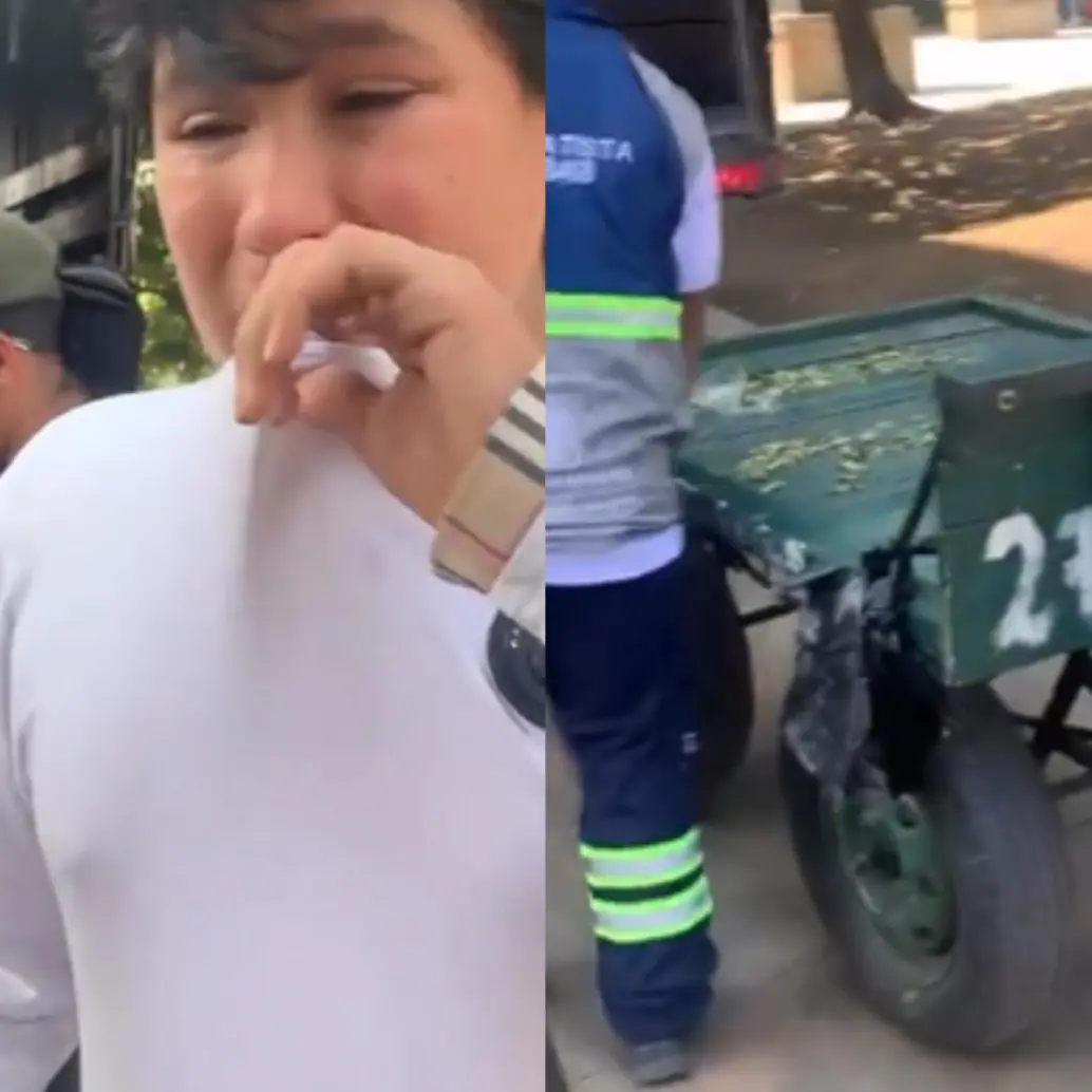 El joven llorando y sollozando intenta explicar en pocas palabras que solo estaba trabajando y que por favor no se lleven la carreta las autoridades. FOTO: Cortesía redes sociales
