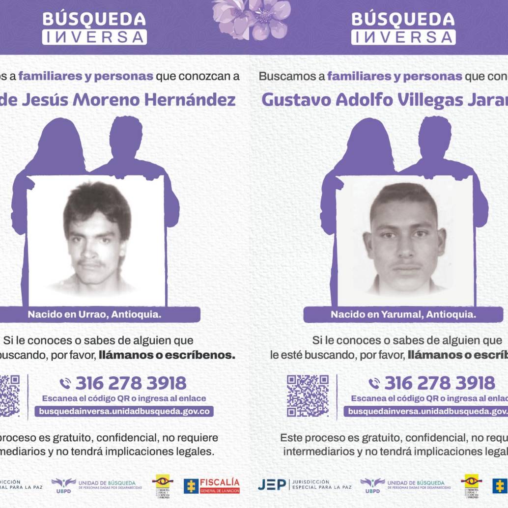 Estas son las caras de los tres hombres que fueron desaparecidos en el contexto del conflicto armado en otros departamentos de Colombia. FOTO: Cortesía Unidad de Búsqueda de Personas dadas por Desaparecidas